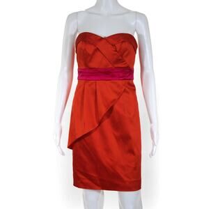 Phoebe Couture Red Orange Hot Pink Strapless Satin Silk Combo Sheath Dress 4 S